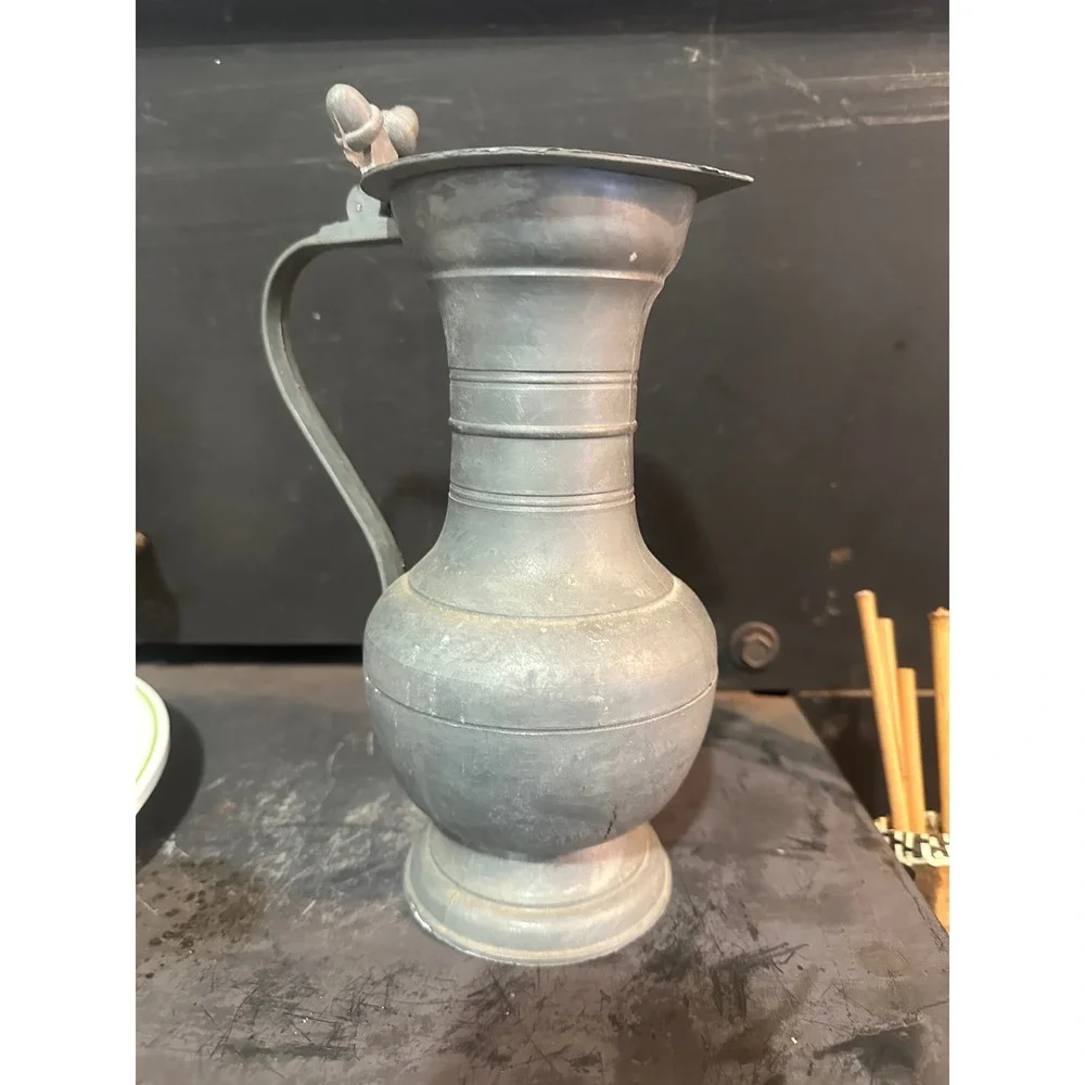 French Flagon Antique Pewter Pitcher Lidded‎ Wine Jug Acorn Thumbpiece Grey 8.5